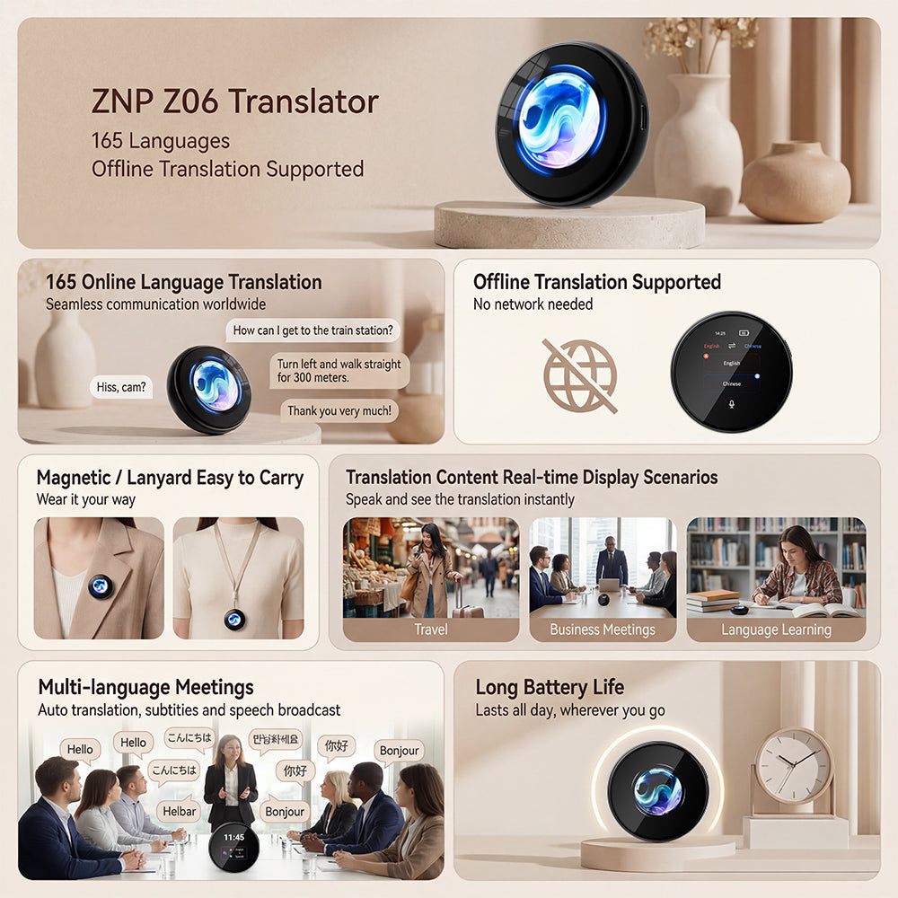 ZNP Z06 Smart Wearable AI Language Translator Real Time in 165 Languages